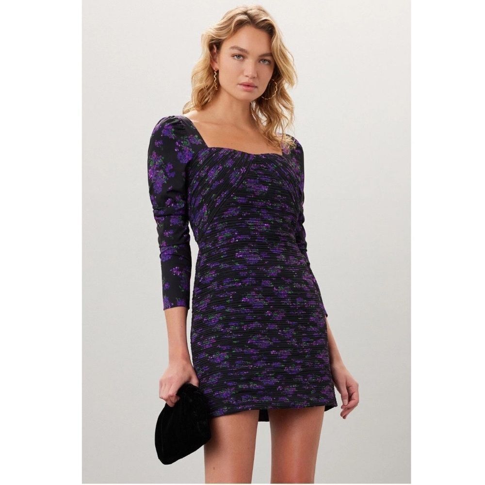 Amur Giulia Pleated Mini Dress Long Sleeve Black Purple Floral Size 6